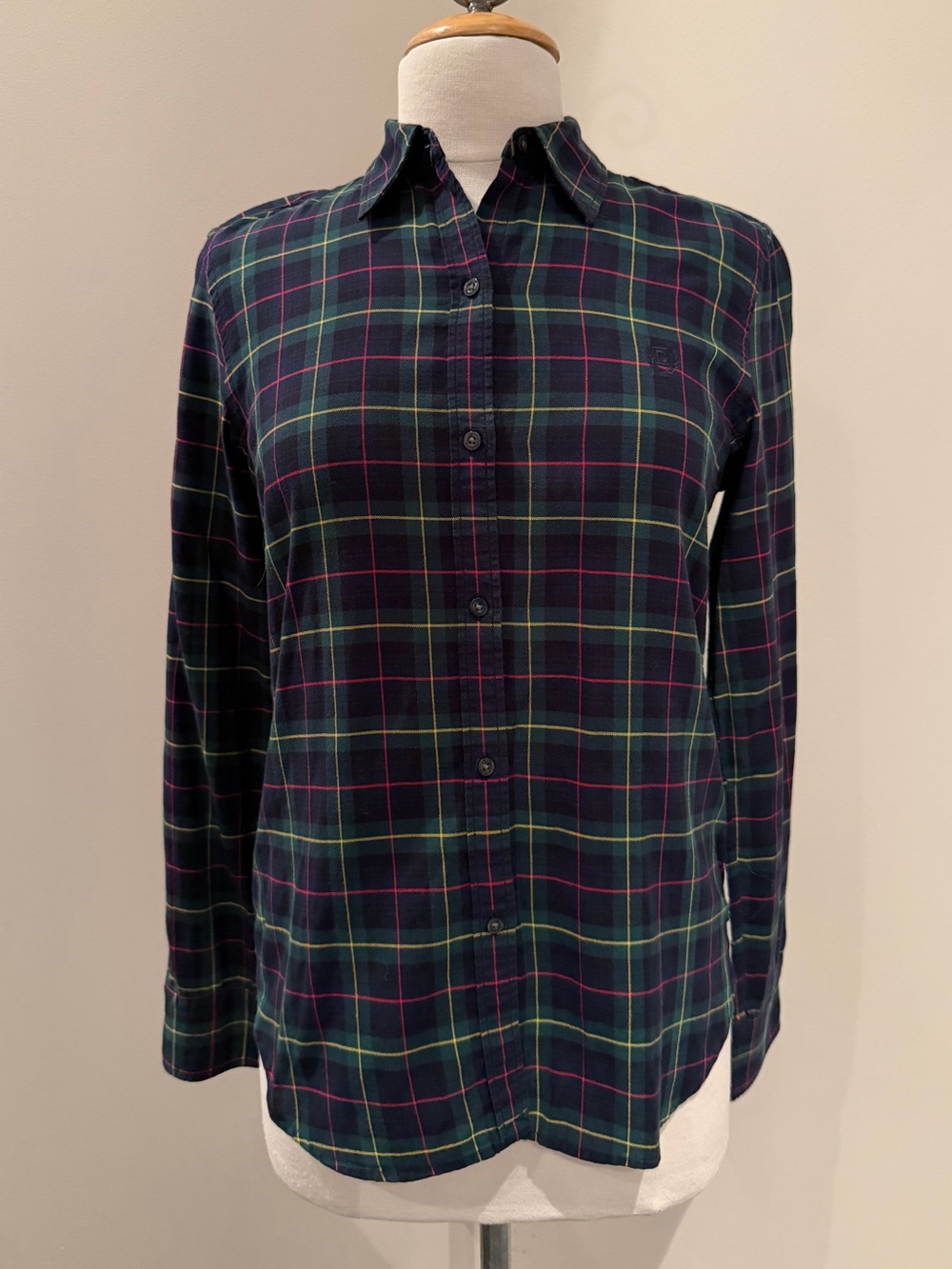 Chaps Women's Navy Plaid Button-Down Shirt with Green and Magenta Lines